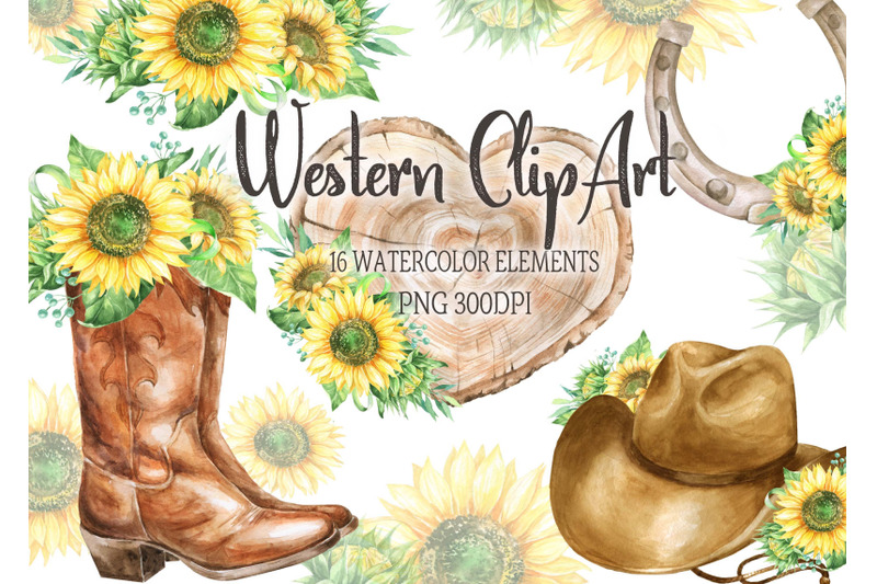 watercolor-western-clipart-sunflowers-cowboy