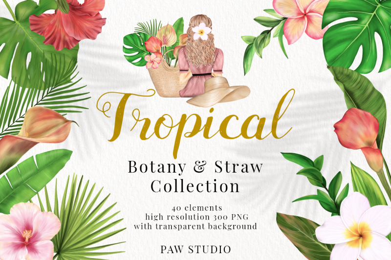 tropical-illustrations-of-flowers-leaves-girl-sitting-back-in-straw