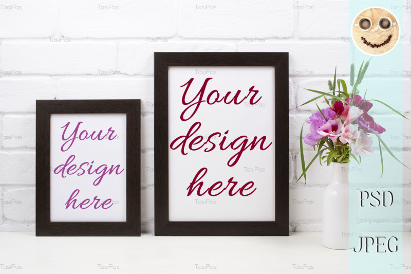 two-black-brown-poster-frame-mockup-with-pink-clarkia-flowers