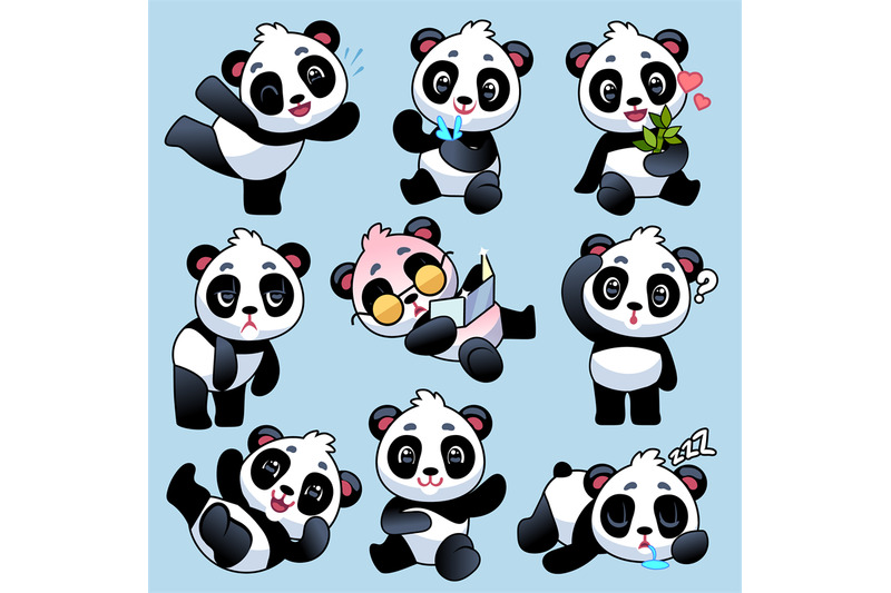 panda-cute-asian-bears-in-different-poses-eating-bamboo-stem-and-sle