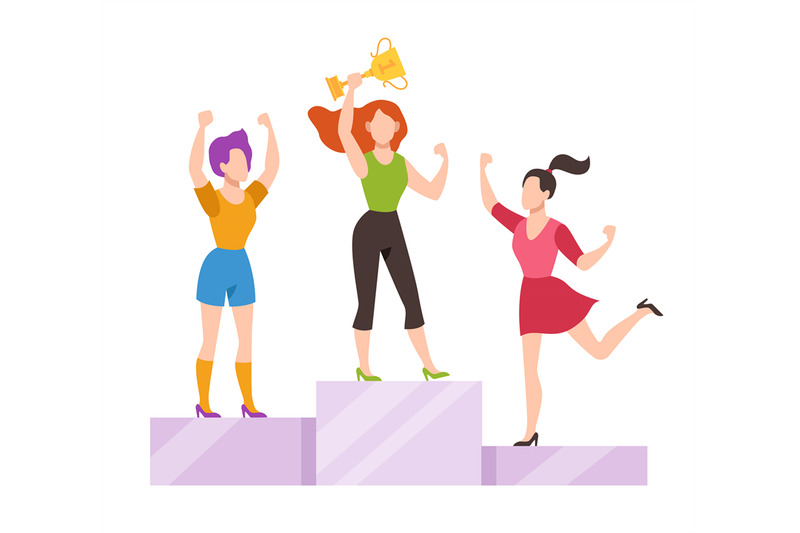 women-on-winner-podium-office-female-workers-on-pedestal-posing-with