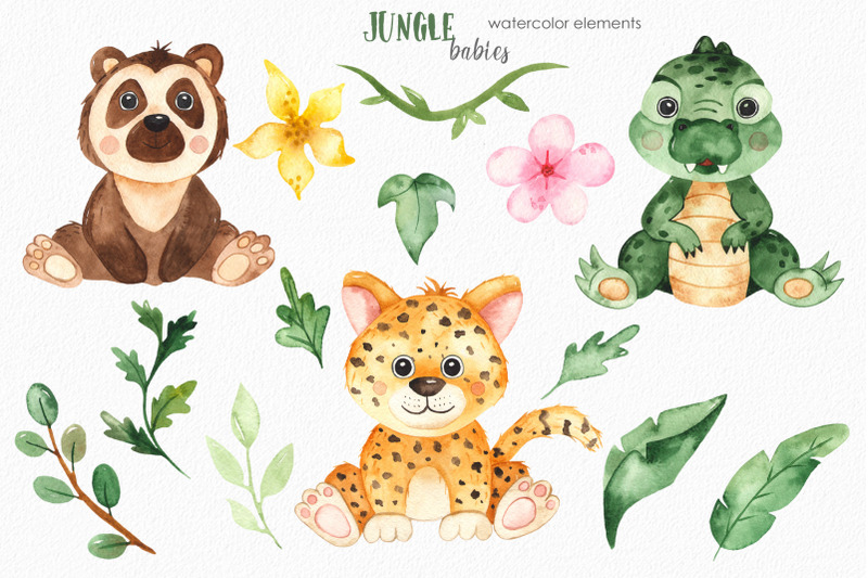 watercolor-jungle-babies-animals-clipart-frames-cards-patterns