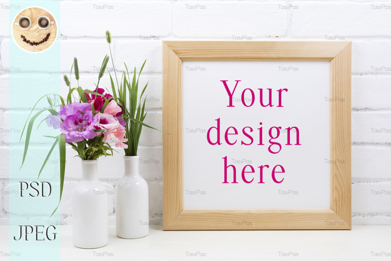 wooden-square-frame-mockup-with-pink-godetia-flowers