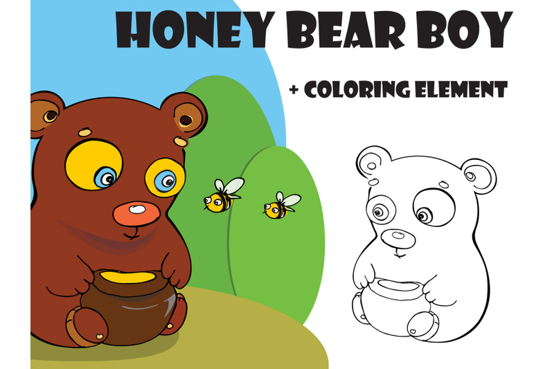 bear-and-bee-on-apiary-vector-illustration-coloring-illustration