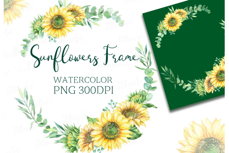 watercolor-frame-wreath-of-sunflowers-eucalyptus