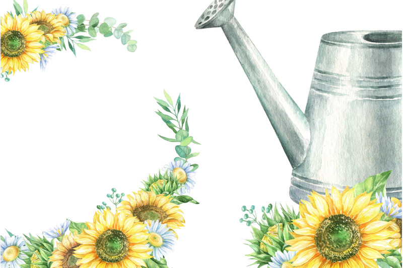 watercolor-sunflowers-daisies-garden-clipart-watering-can-rubber-boots