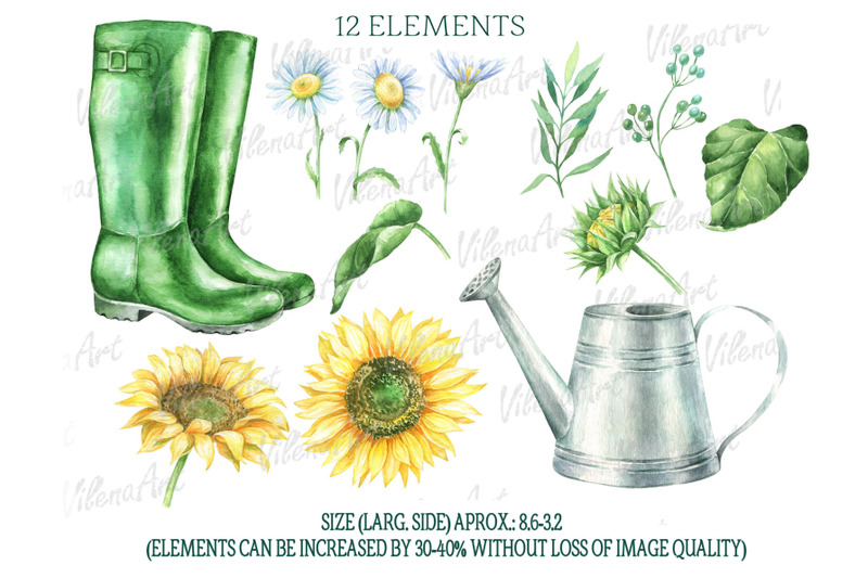 watercolor-sunflowers-daisies-garden-clipart-watering-can-rubber-boots