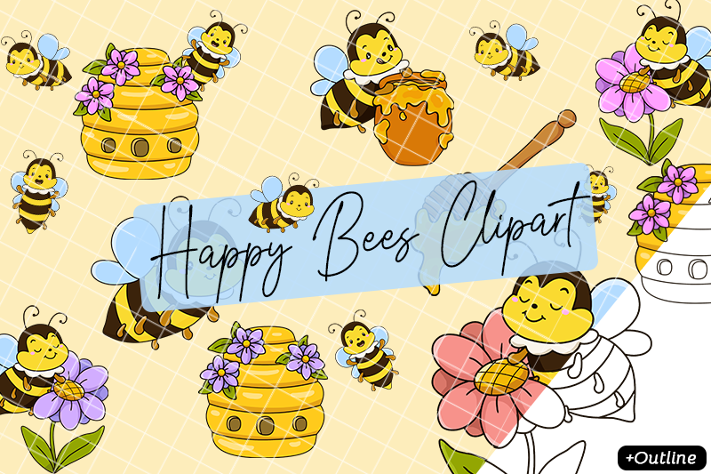 happy-bees-flowers-hive-honey-dipper-cute-png-clipart