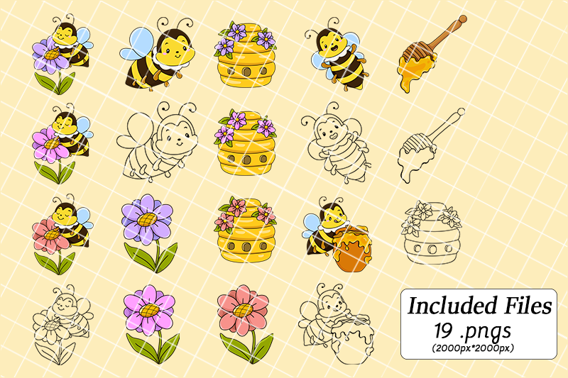 happy-bees-flowers-hive-honey-dipper-cute-png-clipart
