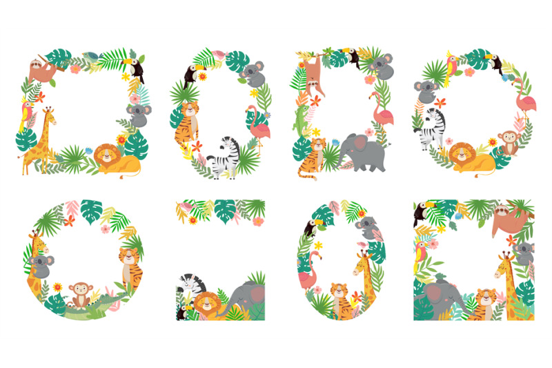 cartoon-animals-frame-jungle-animal-in-tropical-leaves-cute-frames-w