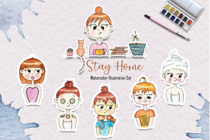 watercolor-stay-home-girl-illustrations