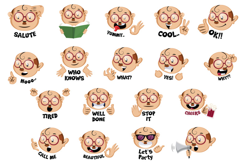 18x-bald-man-with-glasses-emoticon-or-sticker-collection-illustration