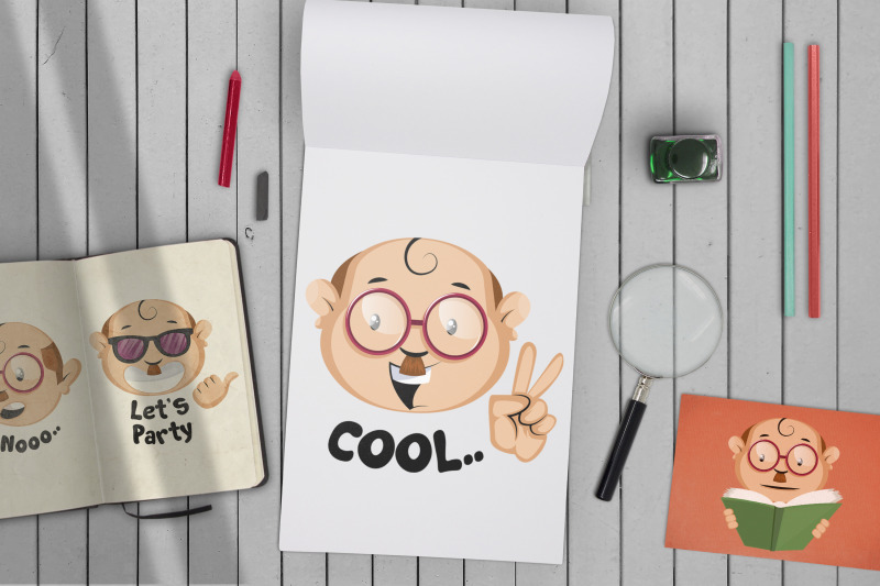 18x-bald-man-with-glasses-emoticon-or-sticker-collection-illustration