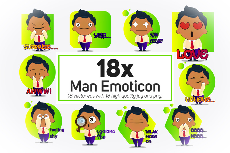 18x-man-emoticon-or-sticker-collection-with-green-background-illustrat