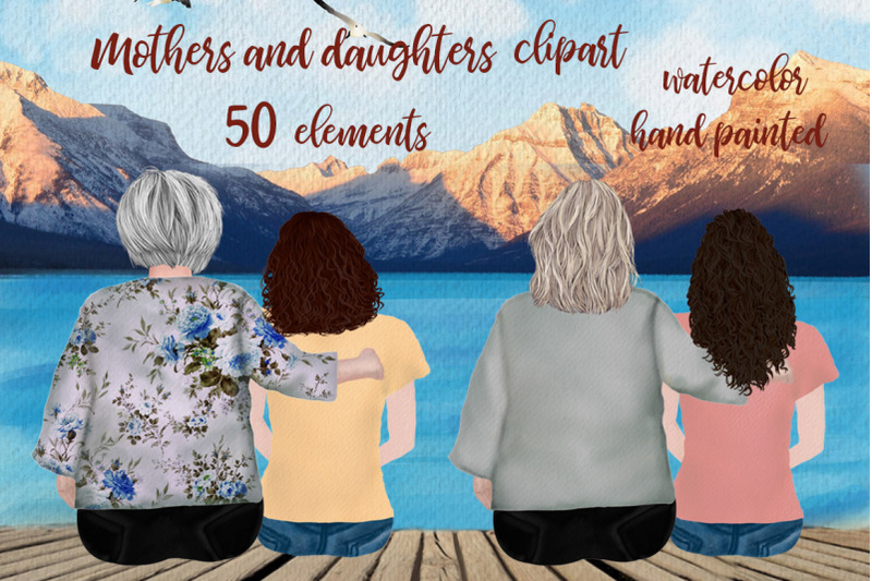 Mother and daughter, Granny clipart, Best friends back view By