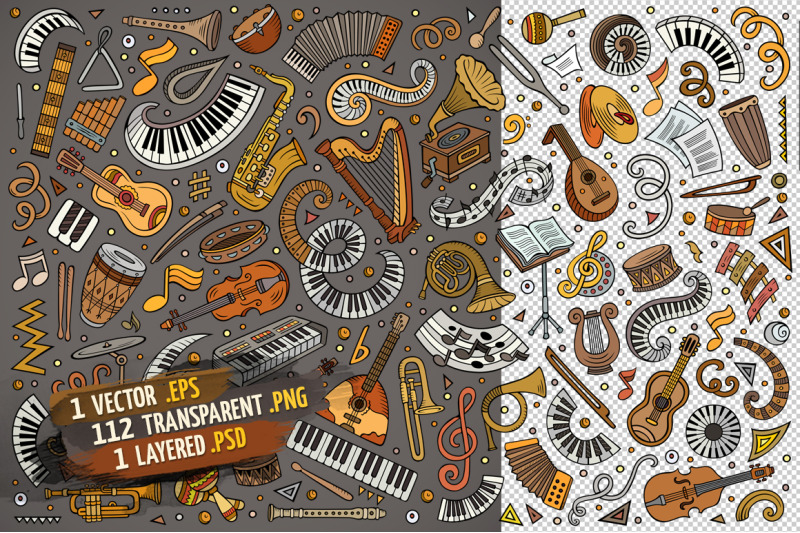 classic-music-cartoon-doodle-objects-set