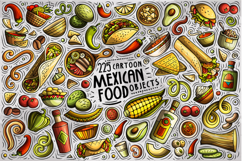 mexican-food-cartoon-vector-objects-set