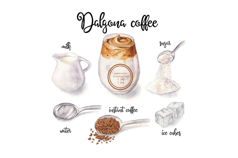 watercolor-illustration-of-dalgona-coffee-and-ingredients