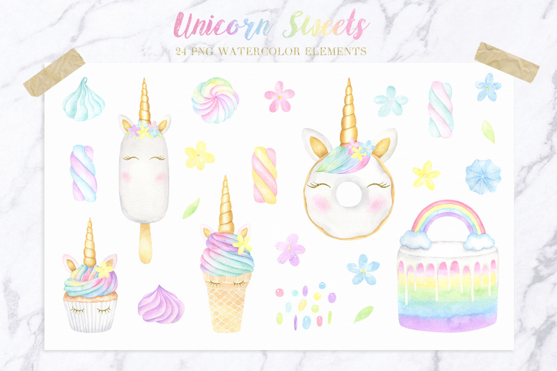 unicorn-sweets-watercolor-collection-of-cliparts-and-patterns