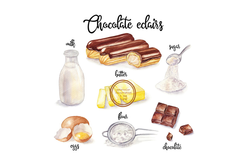 watercolor-eclairs-and-cooking-ingredient-food-illustration