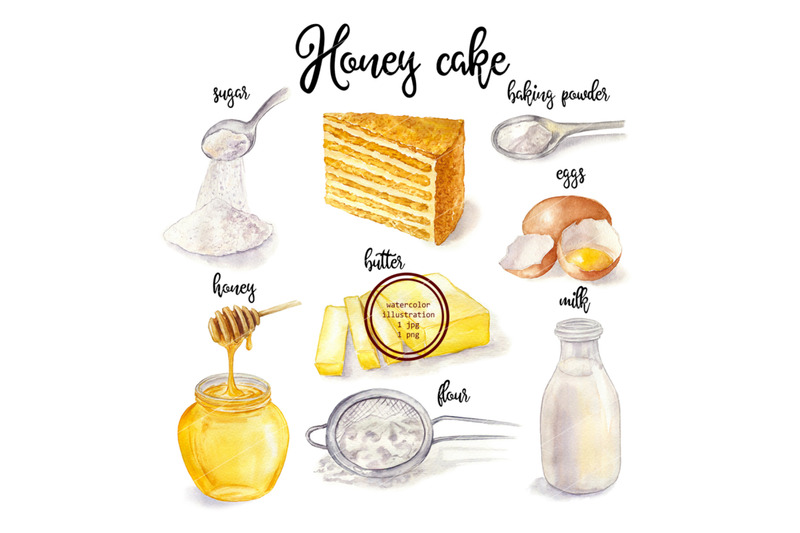 watercolor-honey-cake-and-cooking-ingredient-food-illustration