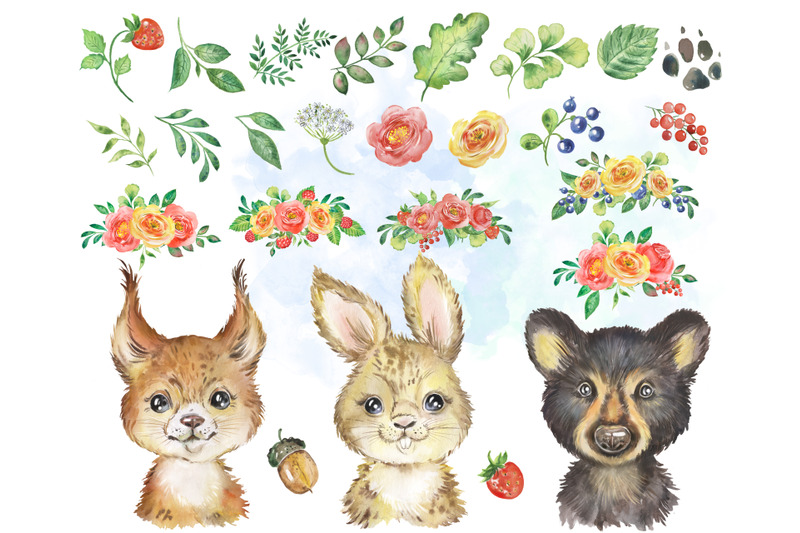forest-animals-watercolor-clipart-bear-rabbit-squirrel-woodland