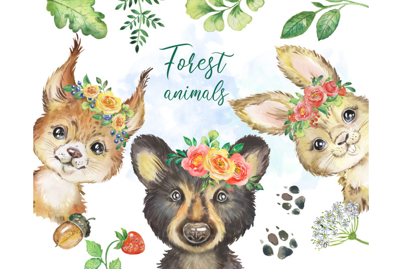 forest-animals-watercolor-clipart-bear-rabbit-squirrel-woodland