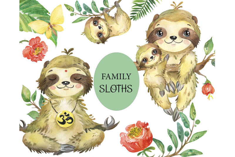 watercolor-sloth-family-clipart-tropical-clipart-baby-jungle-animal