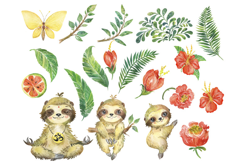 watercolor-sloth-family-clipart-tropical-clipart-baby-jungle-animal