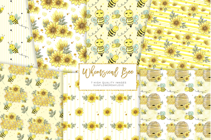 watercolor-bee-clip-art-seamless-pattern-whimsical-bee-digital-paper