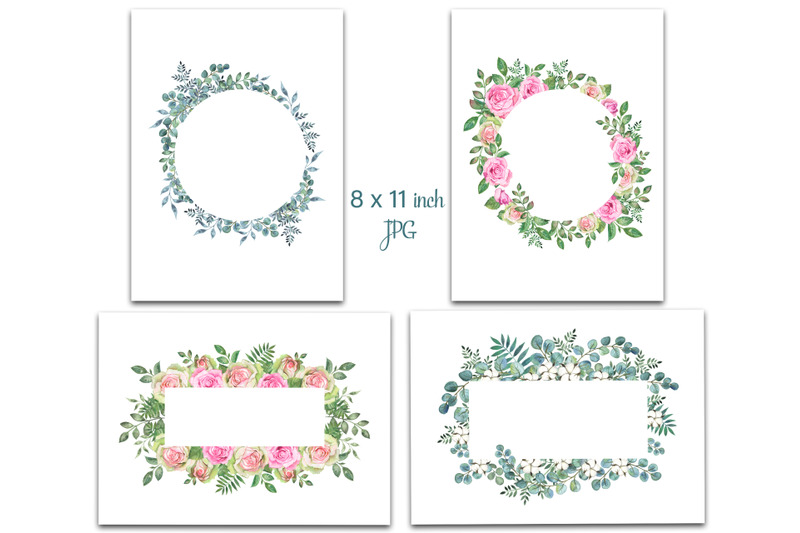 watercolor-floral-frame-clipart-roses-greenery-eucalyptus-flowers