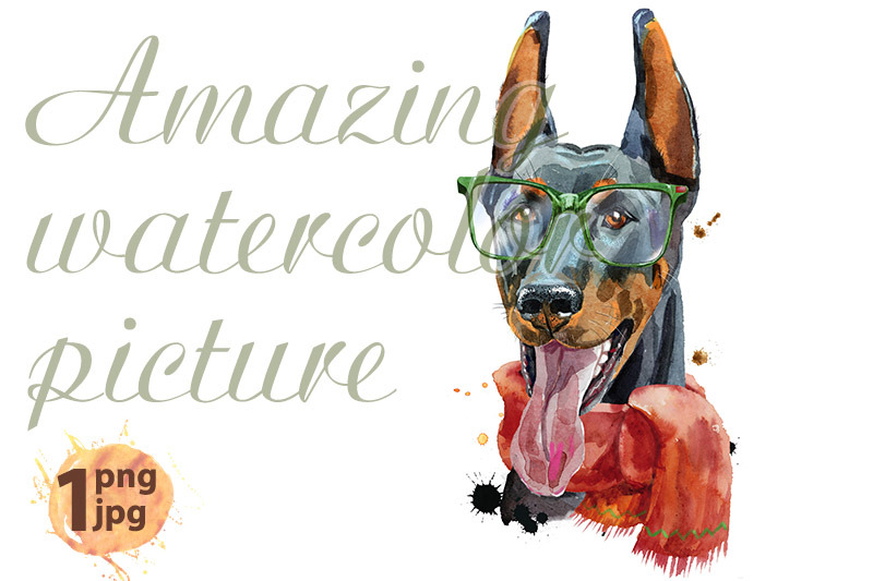 watercolor-portrait-doberman-with-glasses-and-red-scarf