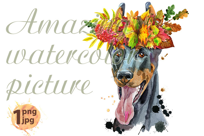 watercolor-portrait-doberman-in-a-wreath-of-autumn-leaves