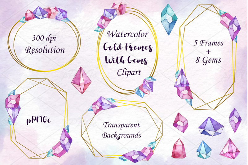 watercolor-gold-frames-with-gems-crystals-clipart-png-files
