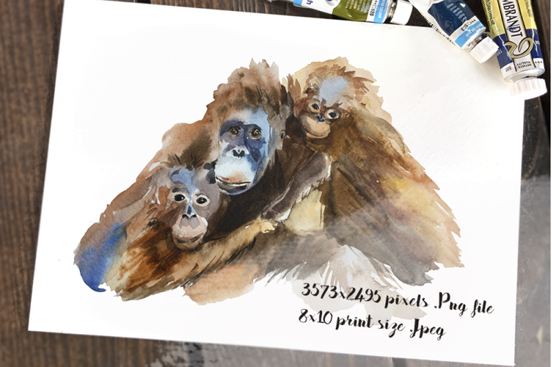 mother-and-babies-orangutans-watercolor-print-and-clip-art