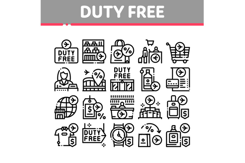 duty-free-shop-store-collection-icons-set-vector