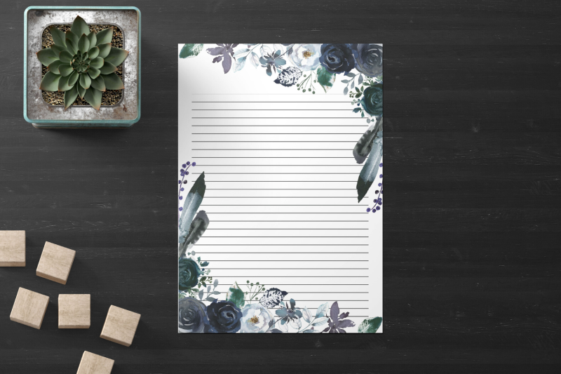 floral-boho-printable-stationery-lined-digital-note-paper-dark-flowe