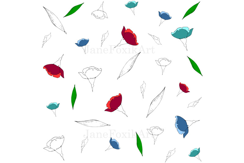 2-seamless-patterns-with-flowers-silhouettes-in-color-and-outline