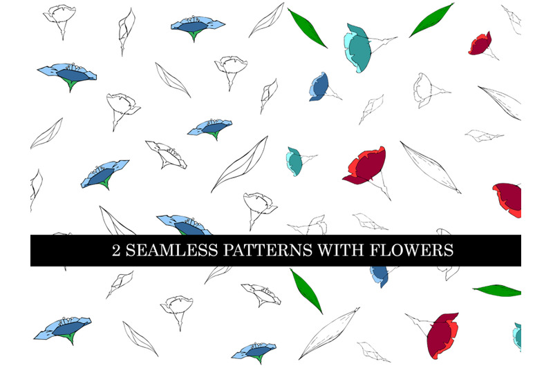 2-seamless-patterns-with-flowers-silhouettes-in-color-and-outline
