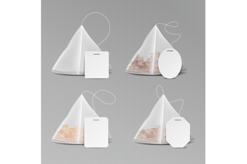 pyramid-shape-tea-bag-set-mock-up-with-empty-square-rectangle-labels-3d-realistic-teabag-template-vector-illustration