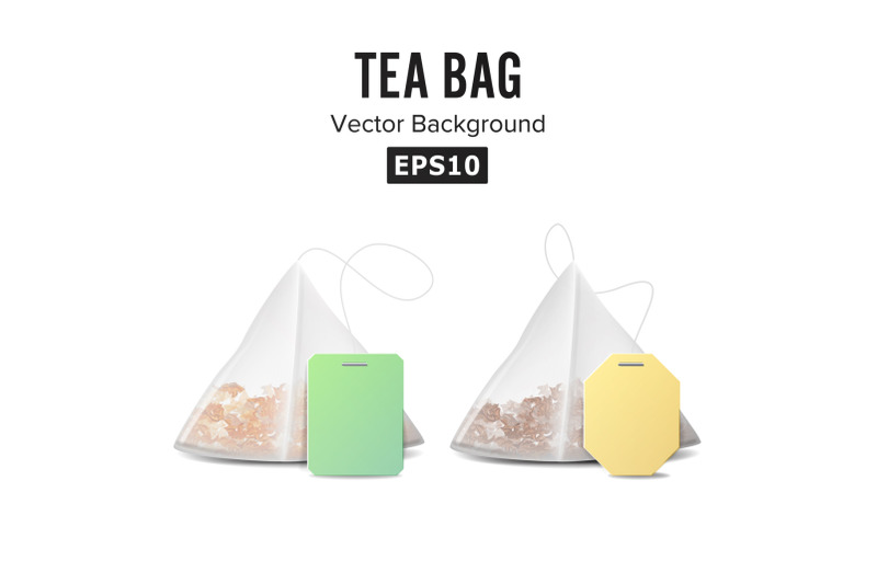 pyramid-shape-tea-bag-set-mock-up-with-empty-yellow-and-green-label-isolated-on-white-background-vector-illustration