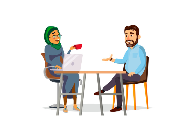 business-people-sitting-at-the-table-vector-modern-office-laughing-friends-office-colleagues-bearded-man-and-muslim-woman-talking-to-each-other-isolated-flat-cartoon-character-illustration