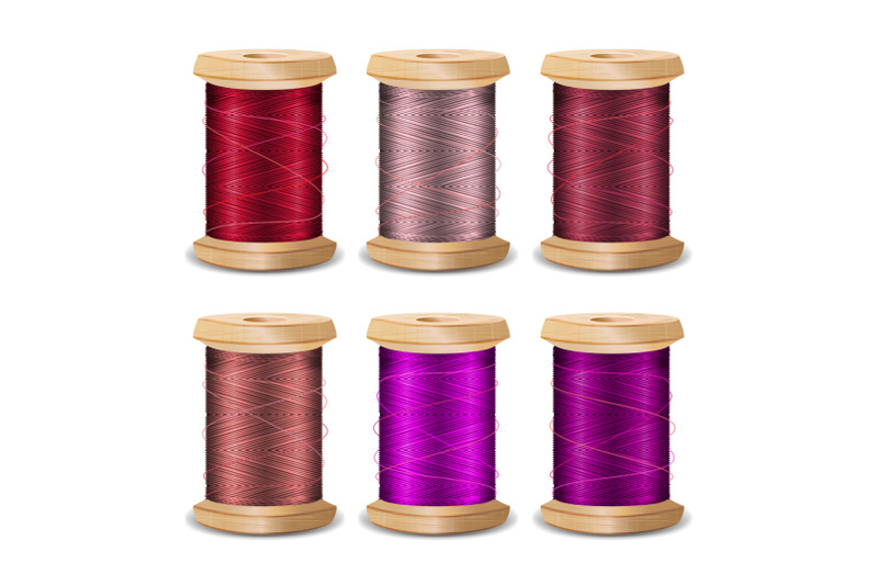 thread-spool-set-bright-old-wooden-bobbin-isolated-on-white-background-for-needlework-and-needlecraft-stock-vector-illustration