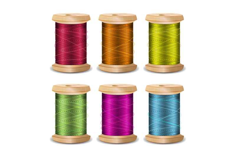 thread-spool-set-bright-old-wooden-bobbin-isolated-on-white-background-for-needlework-and-needlecraft-stock-vector-illustration