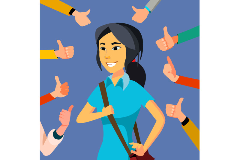 thumbs-up-business-woman-vector-public-approval-asian-worker-surrounded-by-hands-business-illustration