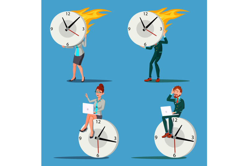 time-management-man-woman-vector-procrastination-control-huge-clock-watch-business-illustration