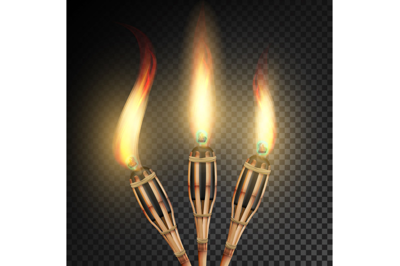 burning-beach-bamboo-torch-burning-in-the-dark-transparent-background-realistic-torch-with-flame-vector-illustration