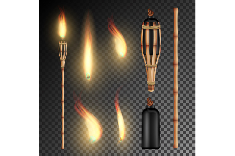 burning-beach-bamboo-torch-burning-in-the-dark-transparent-background-realistic-torch-with-flame-vector-illustration