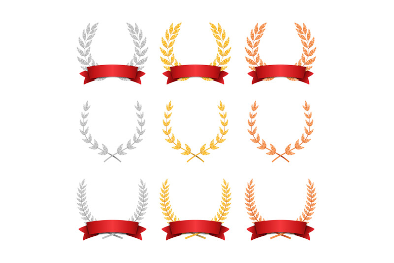 laurel-wreath-trophy-set-vector-award-placement-achievement-realistic-gold-silver-bronze-laurel-wreath-red-ribbon-winner-honor-prize-isolated-illustration