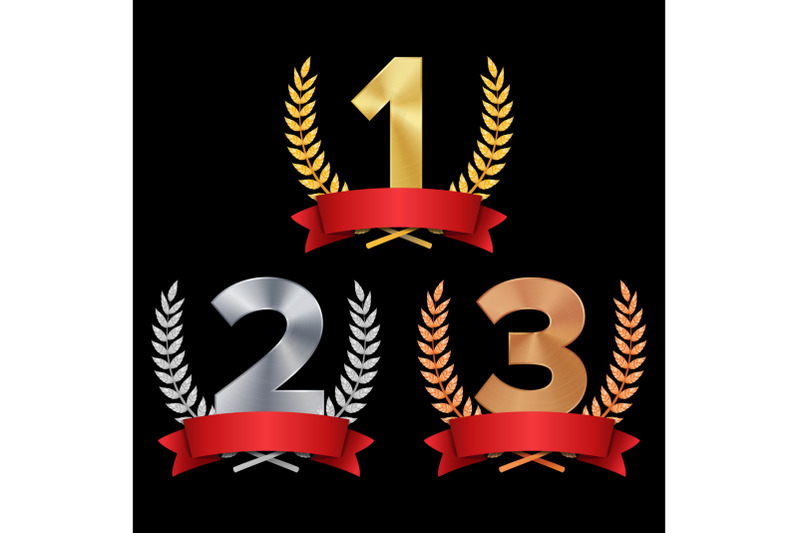 trophy-award-set-vector-figures-1-2-3-one-two-three-in-a-realistic-gold-silver-bronze-laurel-wreath-and-red-ribbon-competition-game-concept-isolated-on-black-illustration